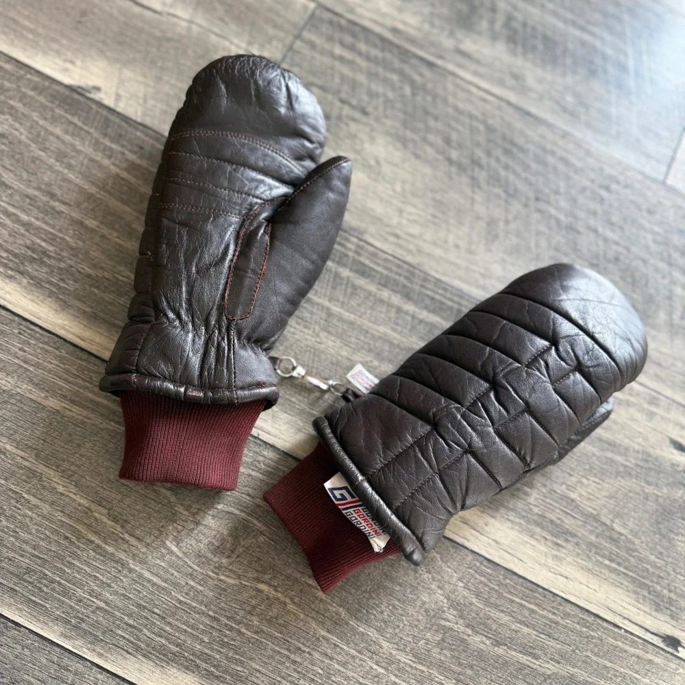 Gordini Vintage Brown Leather Quilted Mittens Women Small Burgundy Knit Cuff